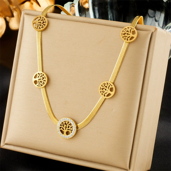 Wholesale Stainless Steel Multilayered Inlaid Green Diamond Metal Necklace Retro Simple Fashion Design Electroplating