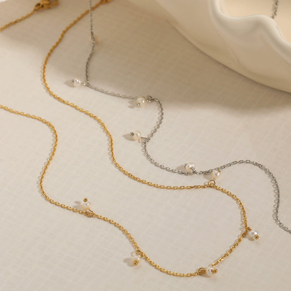 Wholesale Stainless Steel Natural Pearl Tassel Pendant Necklace Light Luxury Geometric Electroplated For Women