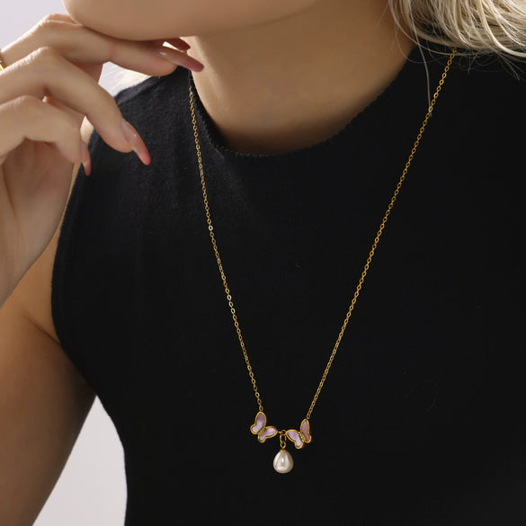 Wholesale 316L Stainless Steel Natural Shell Double Butterfly Geometric Clavicle Necklace Pvd Plated 18K Gold Jewelry For Women