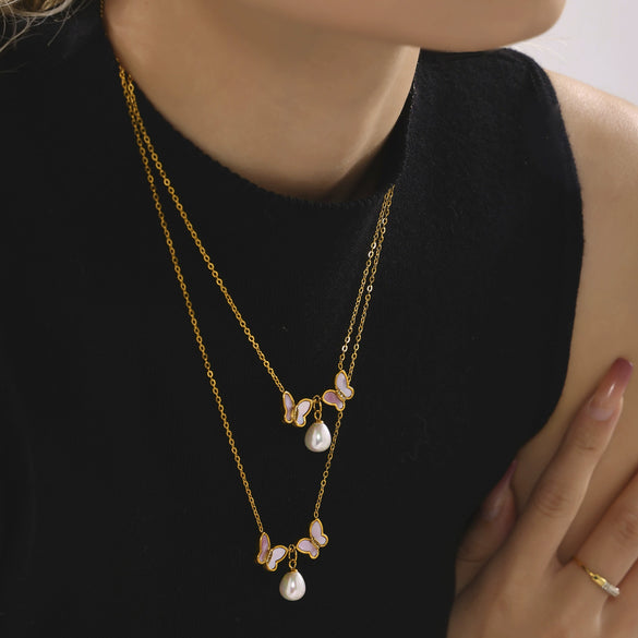 Wholesale 316L Stainless Steel Natural Shell Double Butterfly Geometric Clavicle Necklace Pvd Plated 18K Gold Jewelry For Women