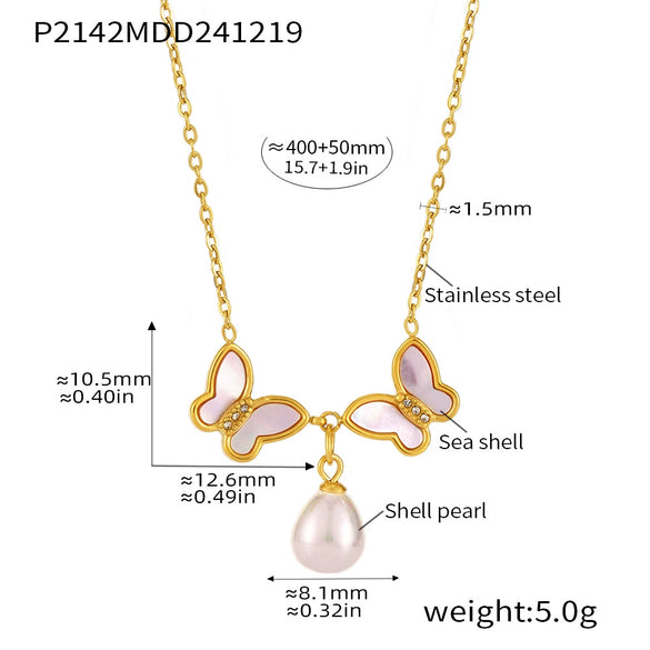 Wholesale Stainless Steel Natural Shell Double Butterfly Geometric Diamond Beads Collarbone Necklace Pvd Plated 18K Gold Jewelry For Women