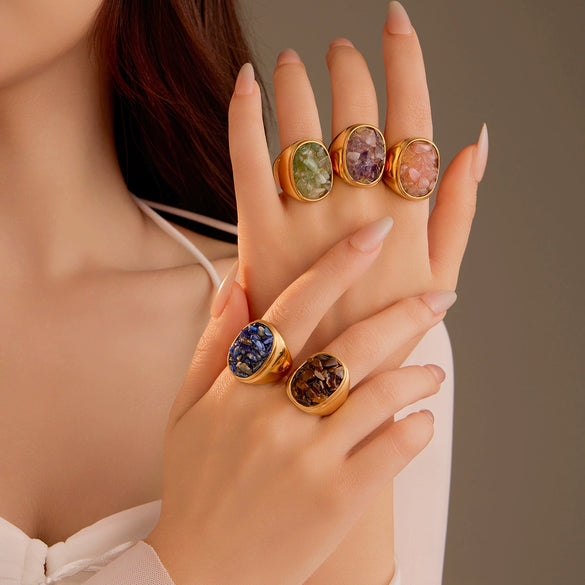 Wholesale Stainless Steel Natural Stone Geometric Ring Electroplated Fashion Women's Hand Jewelry