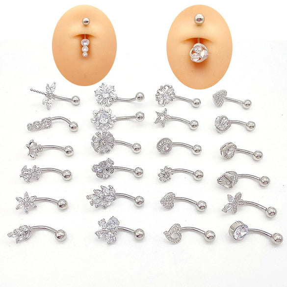 Wholesale Stainless Steel Navel Ring With Heart Butterfly Skull Leaves Star Crown Flowers Zircon Electroplated Women's Piercing Jewelry