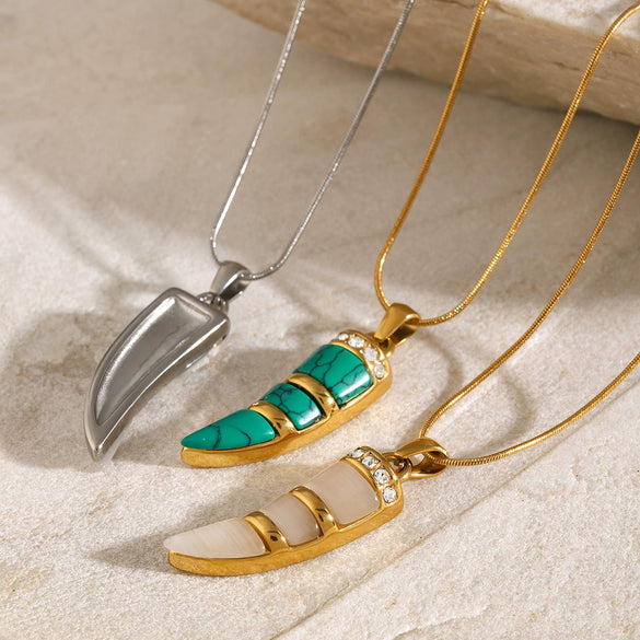 Wholesale Stainless Steel Necklace Electroplated With Ivory Inlaid Cat's Eye Stone Geometric Design