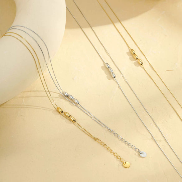 Wholesale Stainless Steel Necklace With Geometric Beads Electroplated Double Layer Stacked Collarbone Chain For Women