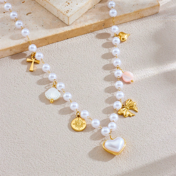 Wholesale Stainless Steel Necklace With Imitation Pearl Chain Scallop Heart Bow Star Pendant And Electroplating Design