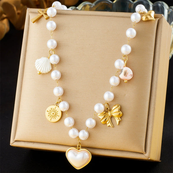 Wholesale Stainless Steel Necklace With Imitation Pearl Chain Scallop Heart Bow Star Pendant And Electroplating Design