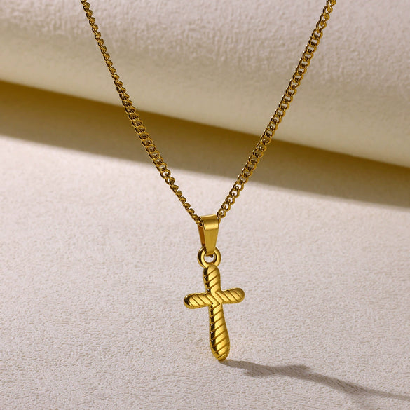 Wholesale Stainless Steel Necklace With 18K Gold Cross Pendant And Round Geometric Design Electroplated