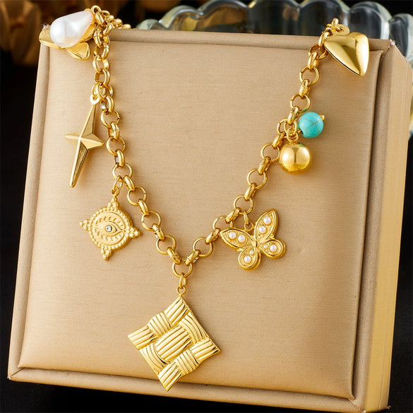 Wholesale Stainless Steel Necklace With Retro Multielement Bow Pattern And Electroplated Butterfly Eyes Square Pendant And O Word Chain For Women