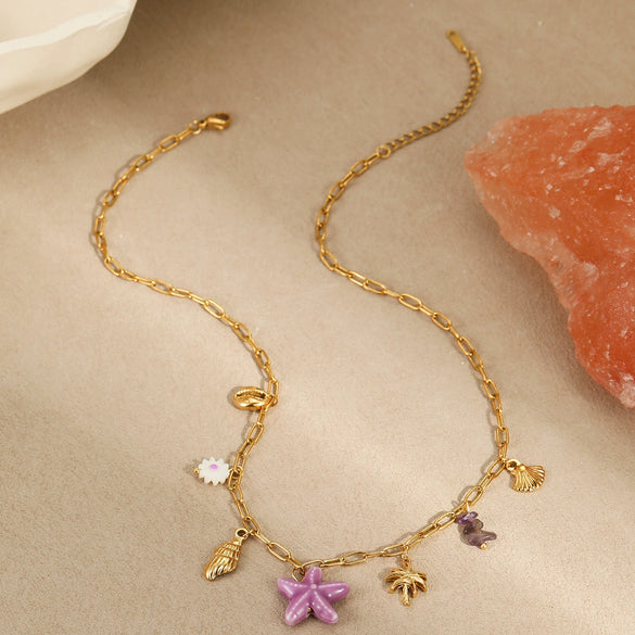 Wholesale Stainless Steel Necklace With Shell Conch Natural Stone Pendant Geometric Style Electroplating For Women