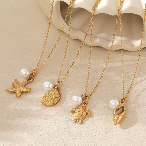 Wholesale Stainless Steel Ocean Series Necklace With Turtle Conch Pearl Pendant Electroplated 18K Gold Non Fading Animal Pattern