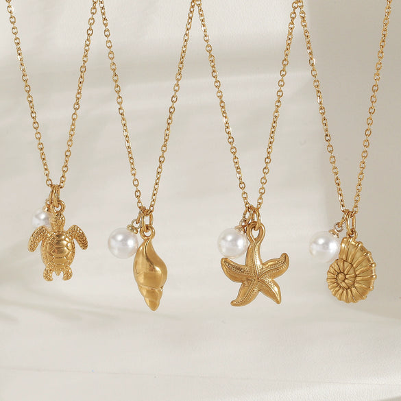 Wholesale Stainless Steel Ocean Series Necklace With Turtle Conch Pearl Pendant Electroplated 18K Gold Non Fading Animal Pattern