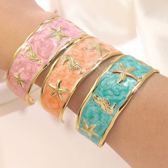 Wholesale Stainless Steel Oil Drip Bracelet With Starfish And Seahorse Pattern Elegant Animal Style