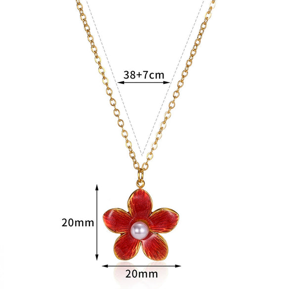 Wholesale Stainless Steel Oil Dripping Pearl Flower Geometric Style Women's Necklace