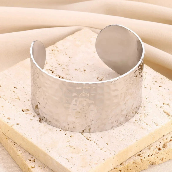 Wholesale Stainless Steel Open Bracelet With Geometric Concave And Convex Pattern And Electroplating Design