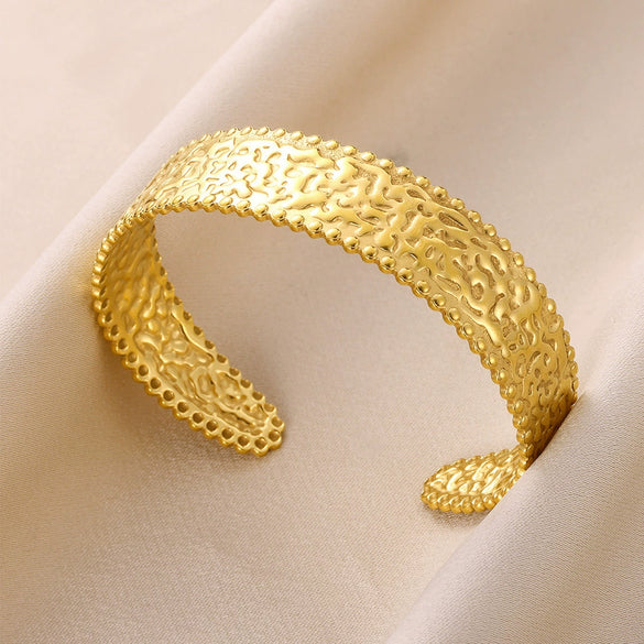 Wholesale Stainless Steel Open Bracelet With Geometric Concave And Convex Pattern And Electroplating Design