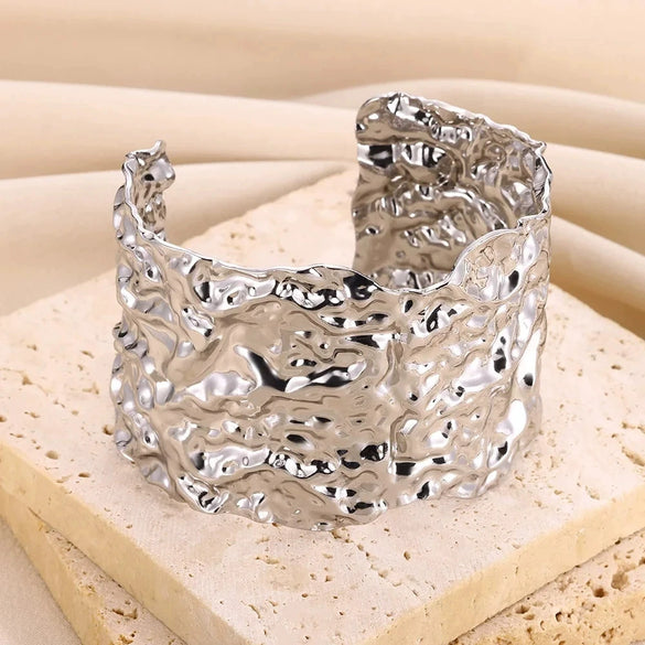 Wholesale Stainless Steel Open Bracelet With Geometric Concave And Convex Pattern And Electroplating Design