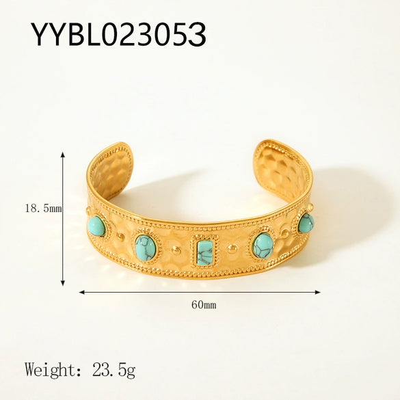 Wholesale Stainless Steel Open Bracelet With Retro Style 18K Gold Plated Vacuum Real Gold Electroplating In Pvd Furnace And Plant Flowers Pattern