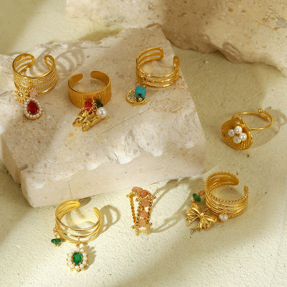 Wholesale Stainless Steel Open Ring And Bracelet With Natural Stone Design Light Luxury Electroplated For Women