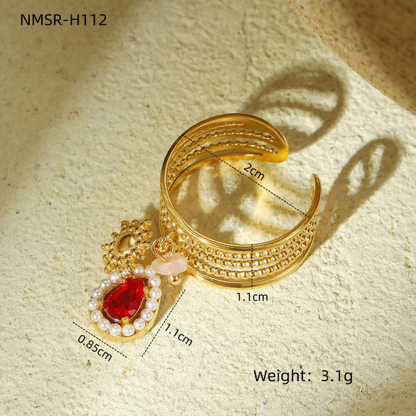 Wholesale Stainless Steel Open Ring And Bracelet With Natural Stone Design Light Luxury Electroplated For Women