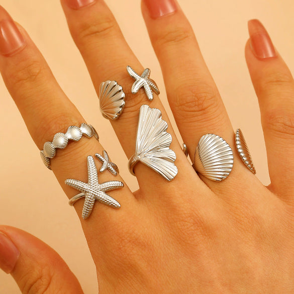 Wholesale Stainless Steel Open Ring For Women With Starfish Seashells Ginkgo Leaf Marine Motifs And Electroplating Processing