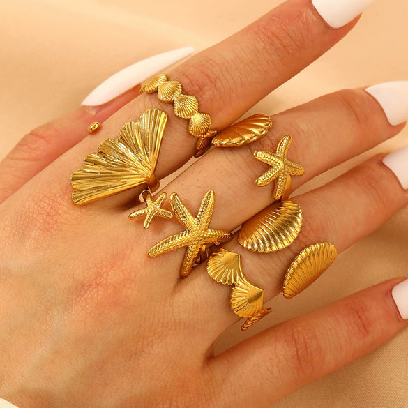 Wholesale Stainless Steel Open Ring For Women With Starfish Seashells Ginkgo Leaf Marine Motifs And Electroplating Processing