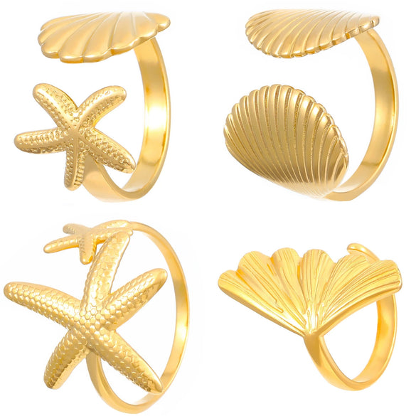 Wholesale Stainless Steel Open Ring For Women With Starfish Seashells Ginkgo Leaf Marine Motifs And Electroplating Processing