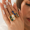 Wholesale Stainless Steel Open Ring Inlaid With Natural Stone And White Motherofpearl Geometric Pattern With Gems