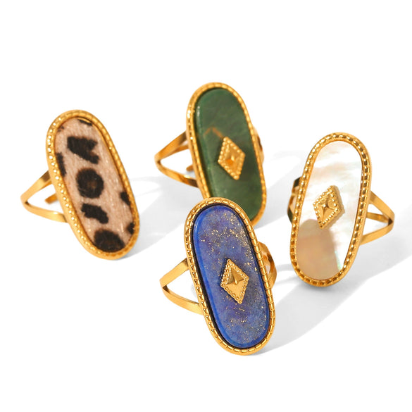 Wholesale Stainless Steel Open Ring Inlaid With Natural Stone And White Motherofpearl Geometric Pattern With Gems