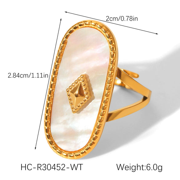 Wholesale Stainless Steel Open Ring Inlaid With Natural Stone And White Motherofpearl Geometric Pattern With Gems