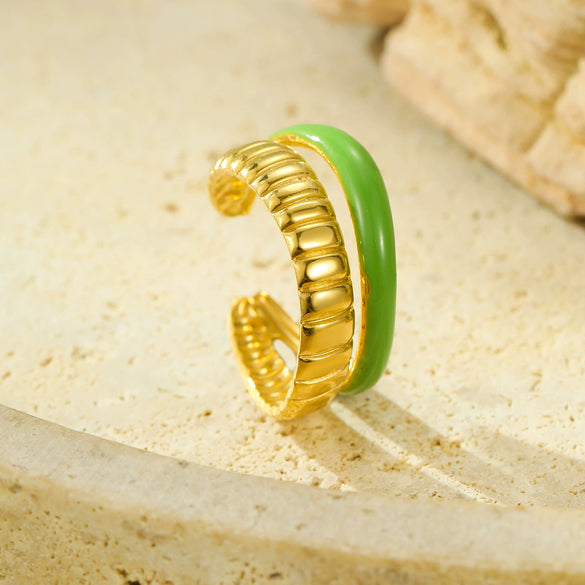 Wholesale Stainless Steel Open Ring Jewelry With Green Oil Drop Double Stripe Fashion Style Electroplating Treatment