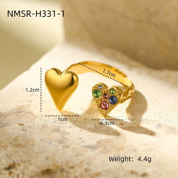 Wholesale Stainless Steel Open Ring Light Luxury Style With Colorful Love Zircon And Heart Shape Pattern Electroplated
