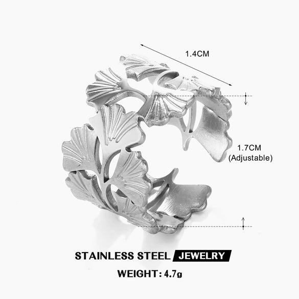 Wholesale Stainless Steel Open Ring With Ginkgo Leaves Design Hip Hop Exaggerated Style Electroplated