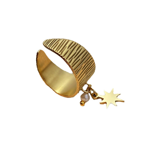 Wholesale Stainless Steel Open Ring With 18K Gold Plated Stars And Pearl Pendant Heart Pattern Electroplated Natural Geometric Style