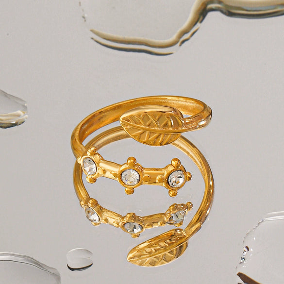 Wholesale Stainless Steel Open Ring With Leaves Pattern 18K Gold Plated For Women