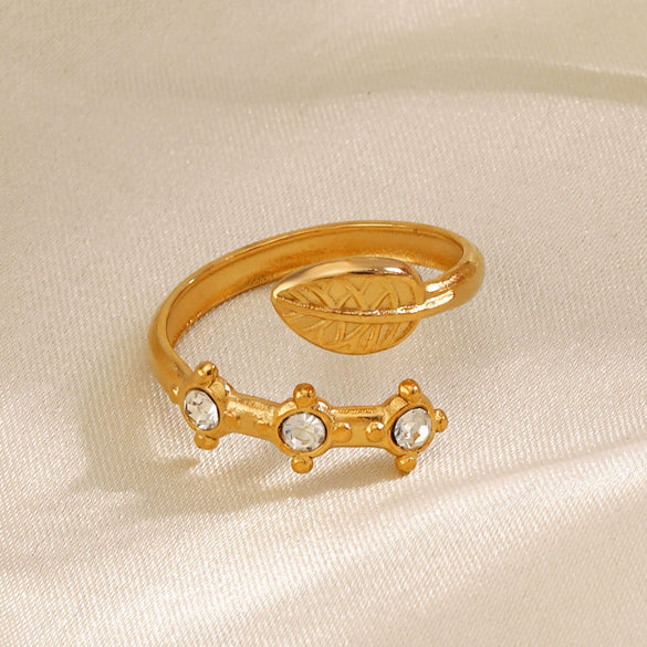 Wholesale Stainless Steel Open Ring With Leaves Pattern 18K Gold Plated For Women