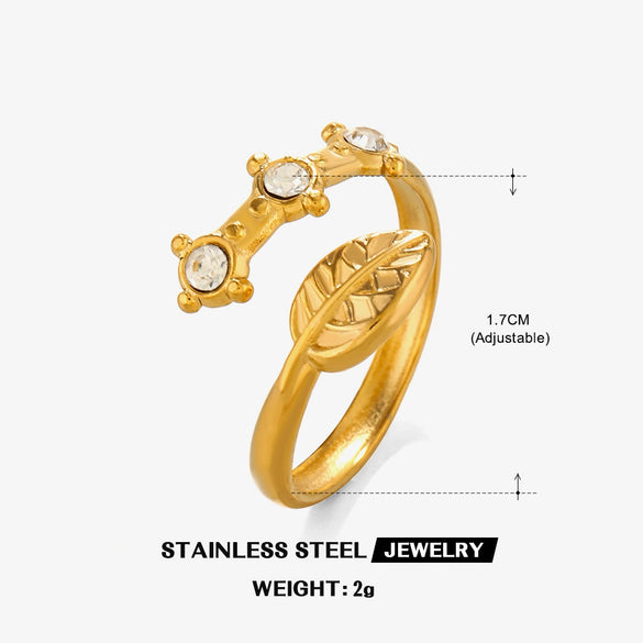 Wholesale Stainless Steel Open Ring With Leaves Pattern 18K Gold Plated For Women