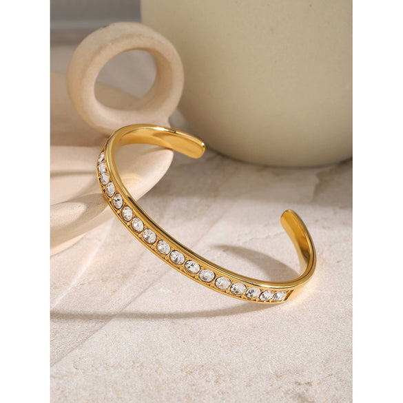 Wholesale Stainless Steel Opening Bracelet With White Rhinestones And Electroplating In Summer Vacation Style