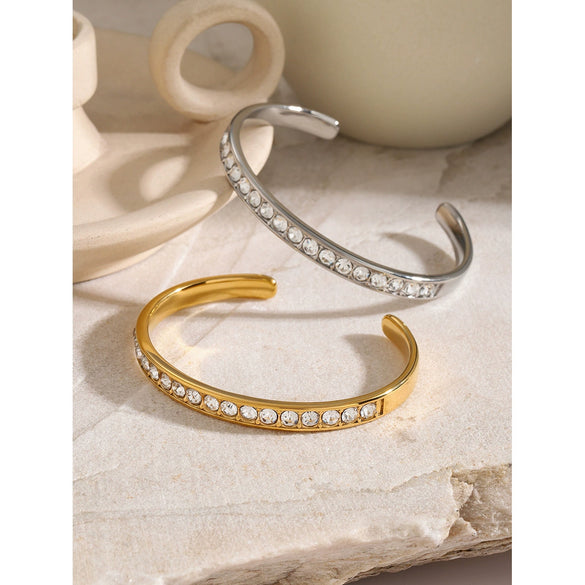 Wholesale Stainless Steel Opening Bracelet With White Rhinestones And Electroplating In Summer Vacation Style