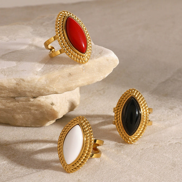 Wholesale Stainless Steel Opening Ring With 18K Gold Plated And Black Agate Heavy Industry Retro Light Luxury Electroplated For Women