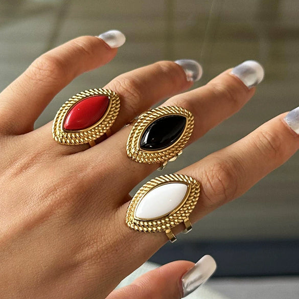 Wholesale Stainless Steel Opening Ring With 18K Gold Plated And Black Agate Heavy Industry Retro Light Luxury Electroplated For Women