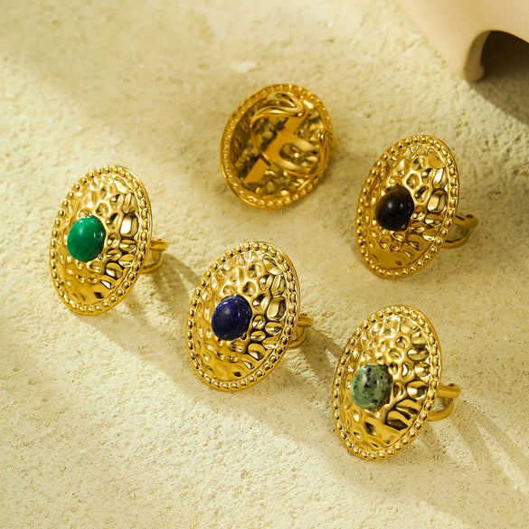 Wholesale Stainless Steel Oval Pleated Ring Inlaid With Natural Stone For Women Light Luxury Style Electroplated
