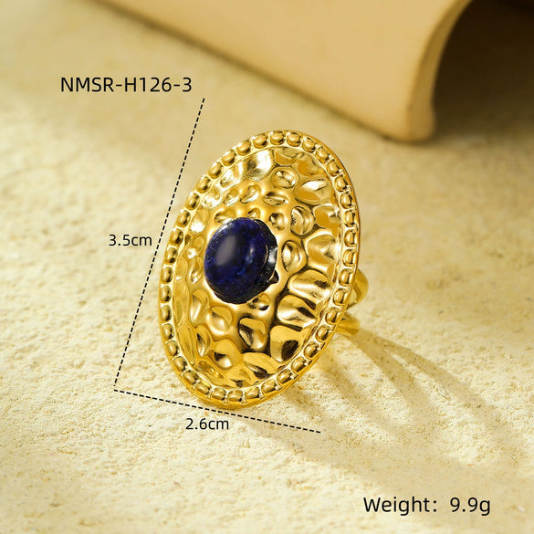 Wholesale Stainless Steel Oval Pleated Ring Inlaid With Natural Stone For Women Light Luxury Style Electroplated