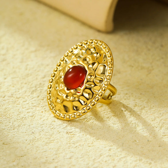 Wholesale Stainless Steel Oval Pleated Ring Inlaid With Natural Stone For Women Light Luxury Style Electroplated