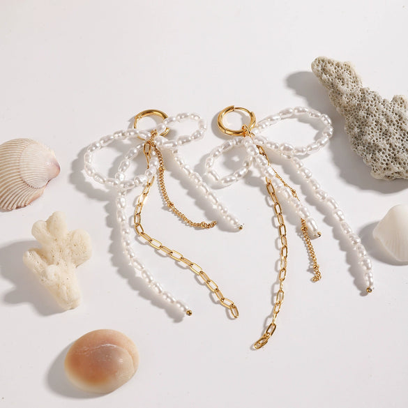 Wholesale Stainless Steel Pearl Bow Tassel Earrings With 18K Gold Electroplating Quiet Design And Elegant Temperament