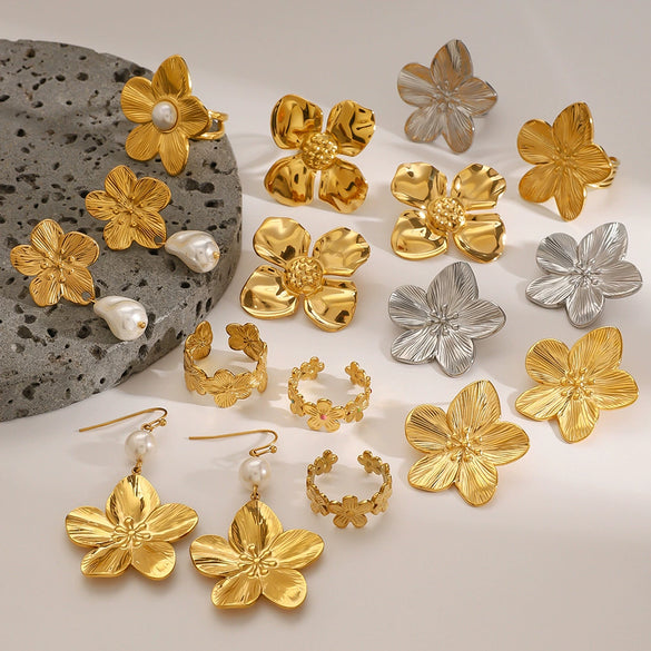 Wholesale Stainless Steel Pearl Earrings With Flower Design And Geometric Pattern Electroplated Titanium Steel Jewelry For Women