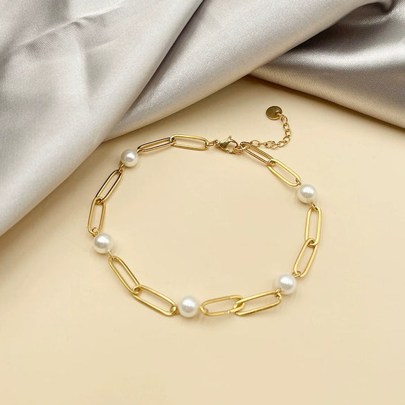 Wholesale Stainless Steel Pearl Geometric Women's Necklace Bracelet Set With 14K Gold Chain And Electroplating Treatment