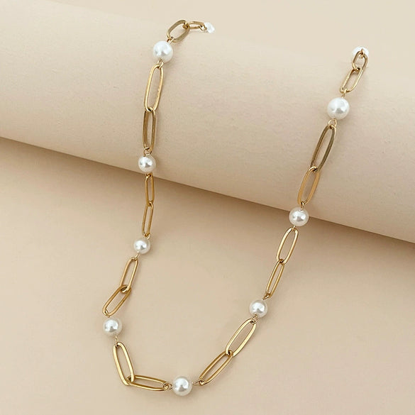 Wholesale Stainless Steel Pearl Geometric Women's Necklace Bracelet Set With 14K Gold Chain And Electroplating Treatment