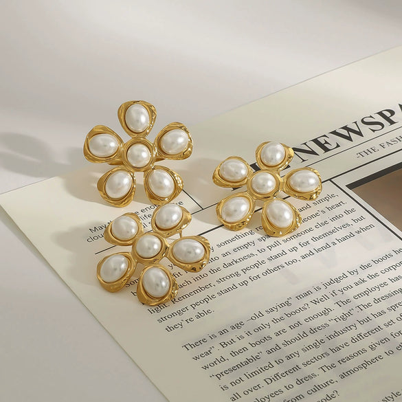 Wholesale Stainless Steel Pearl Hammered Geometric Earrings With 18K Gold Electroplating For Women