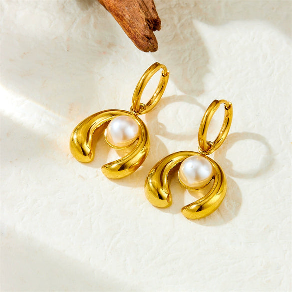 Wholesale Stainless Steel Pearl Horseshoe Design Goldplated Fashion Jewelry Earrings For Women